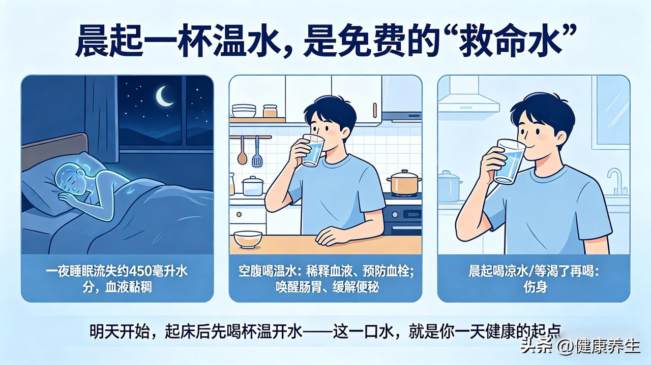 晨起一杯温水，是免费的“救命水”。

经过一夜睡眠，人体流失约450毫升水分，血