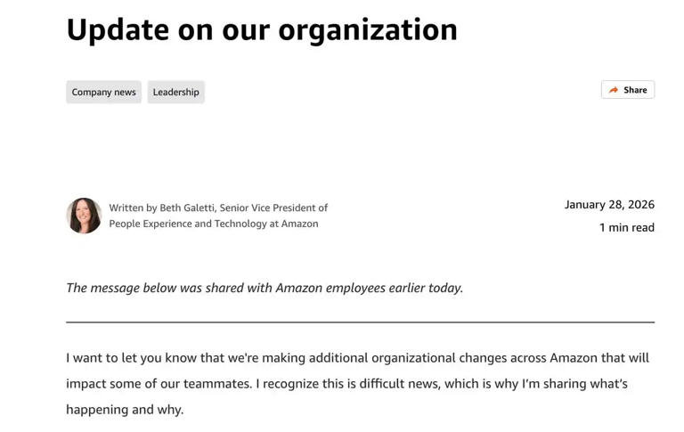 亚马逊准备从本周起裁减数千名企业员工 1月28日上午，据路透社报道，亚马逊疑似提