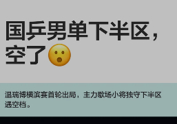 国乒下半区空了 四个小将出战，温瑞博独守下半区，其他三个全挤上半区。结果独苗第一