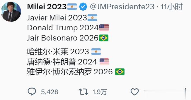 #阿根廷版特朗普赢得大选#  从哈维尔·米莱的X上可以看出，他真的对特朗普是心心