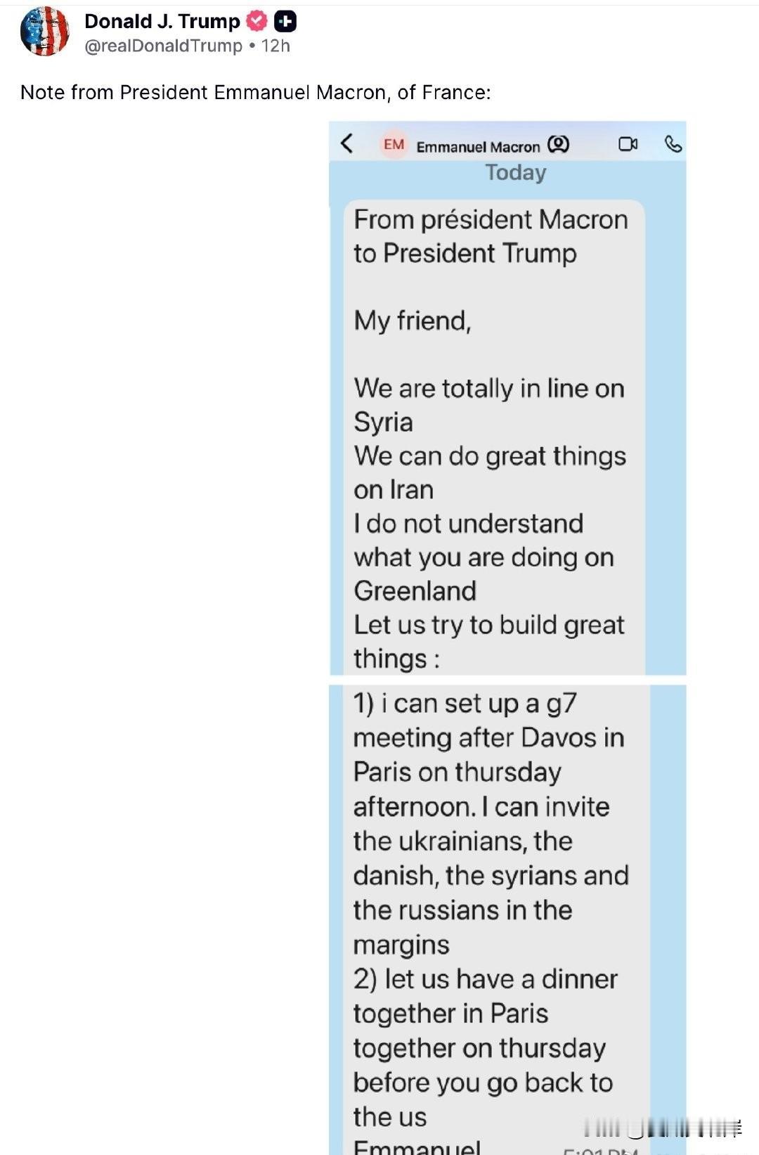 川普展示Macron发给他的私信。
“我的朋友，

我们在叙利亚问题上完全一致。