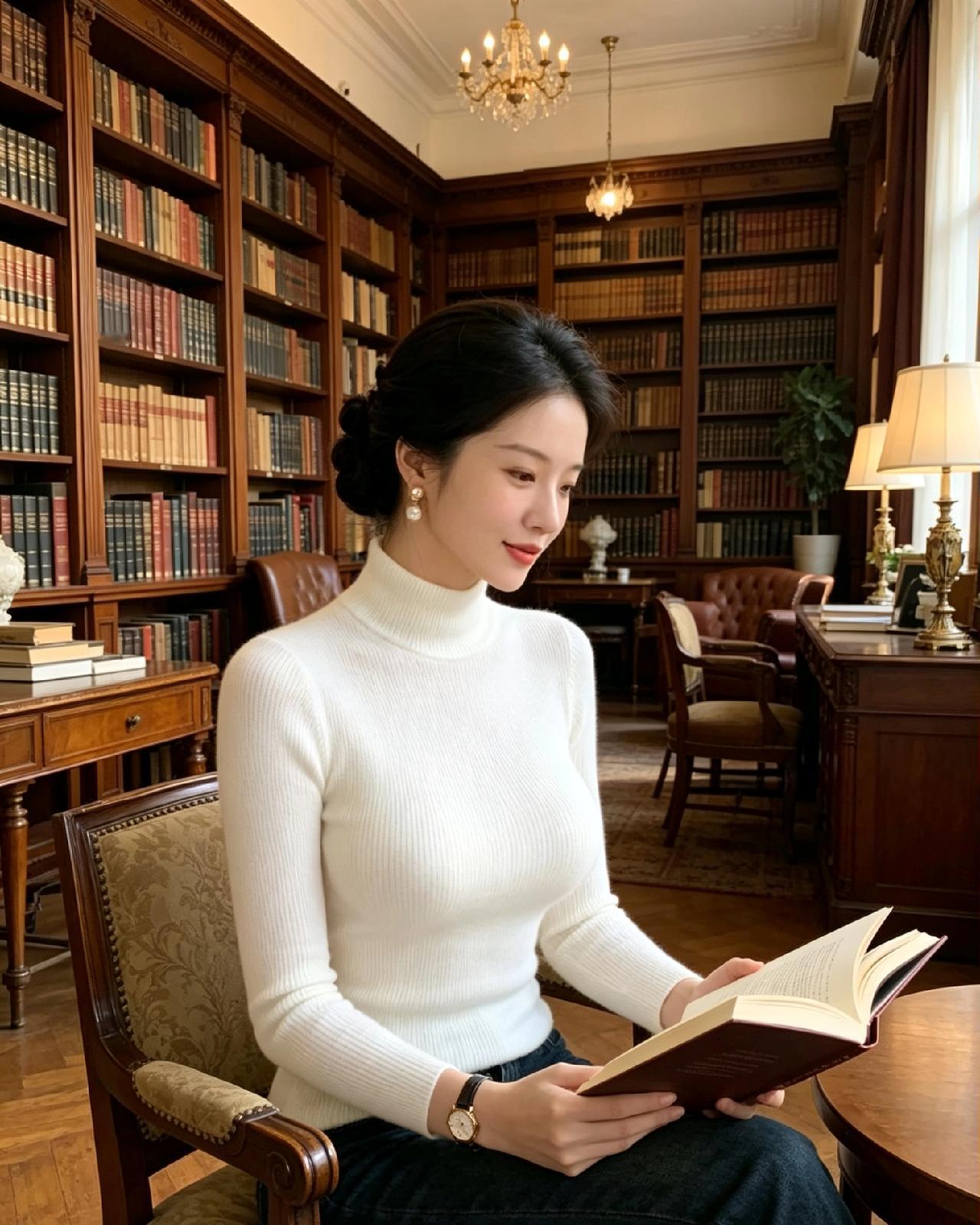 什么样的穿搭可以成为气质女神? 在古色古香的书房中，她静静地阅读，仿佛时光静止。