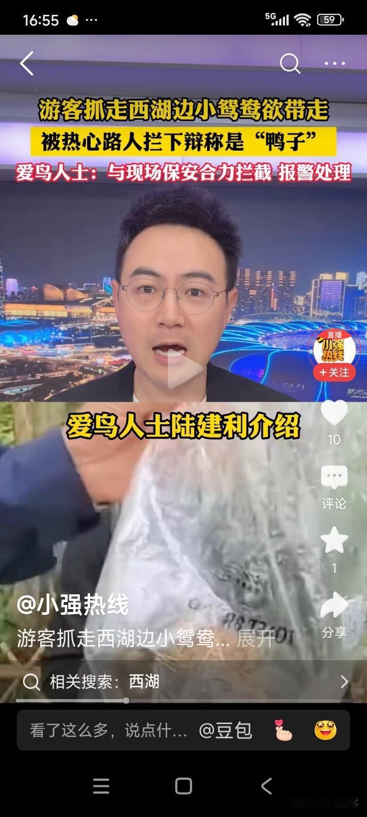 浙江杭州。一位女子前往西湖游玩，瞧见西湖里的鸳鸯，五彩斑斓，十分好看。
忽然，一