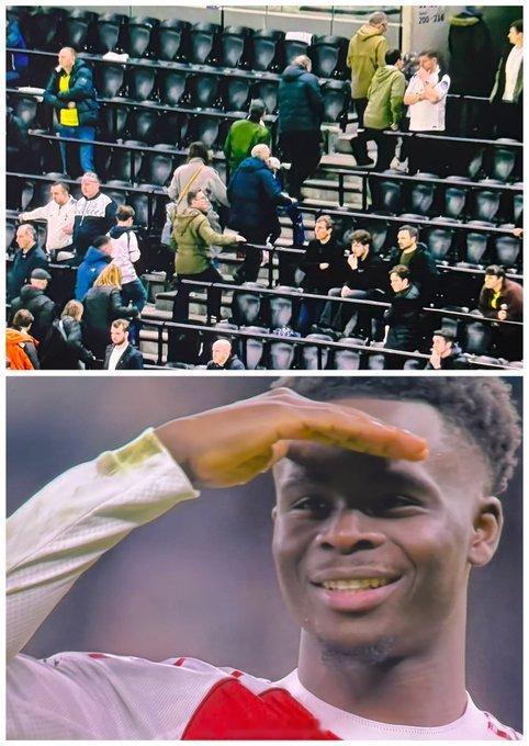 比赛结束时，萨卡努力寻找着托特纳姆热刺队的球迷。数据统计显示，萨卡vs热刺单场1