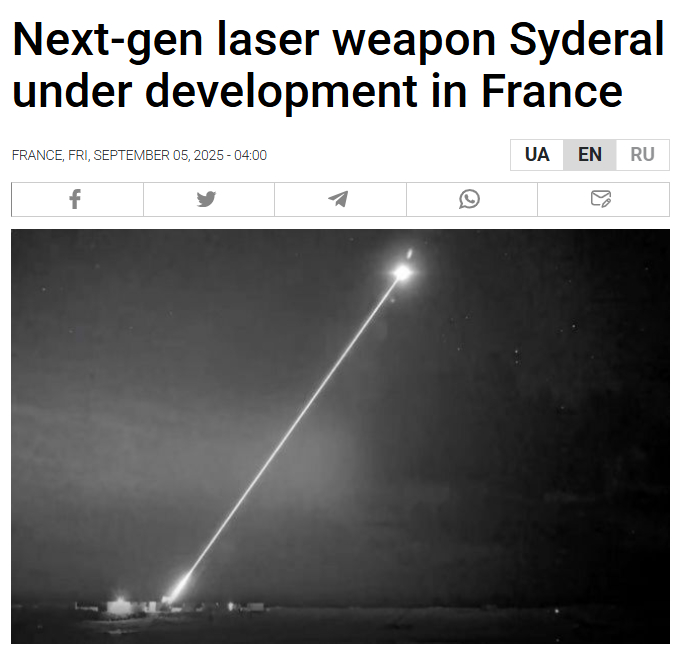 法国正在研发下一代激光武器Syderal据法国军备局消息，法国国防部已宣布与MB