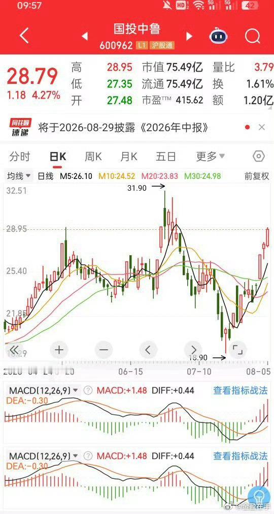 国投中鲁 sh600962[股票]上涨5cc 