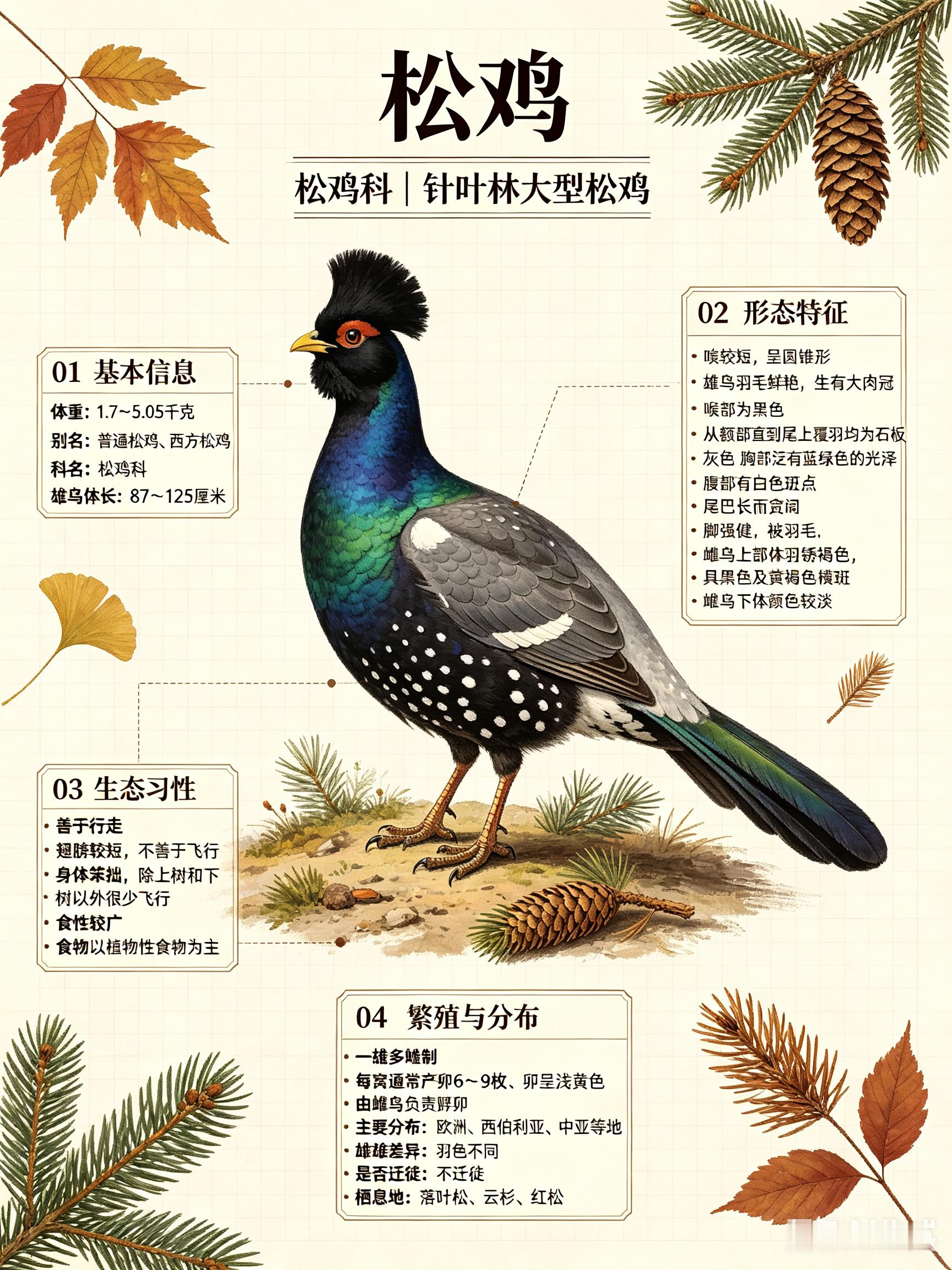 鸟类朋友图鉴 松鸡科名：松鸡科体重：1.7～5.05千克别名：普通松鸡、西方松鸡
