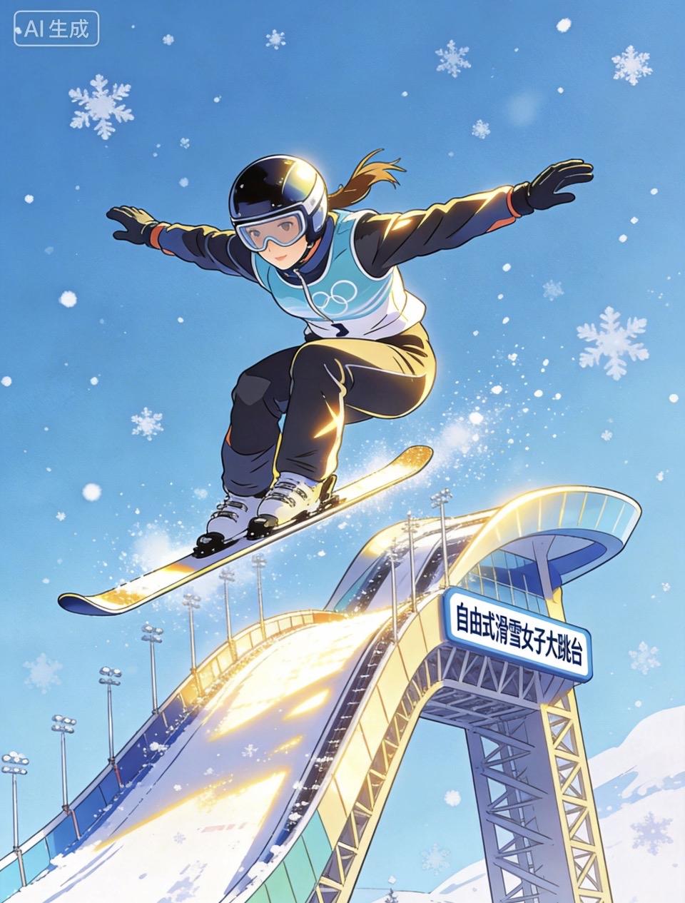 滑雪少女在自由式滑雪大跳台上的英姿！只见那滑雪少女如灵动的飞燕，从大跳台顶端呼啸