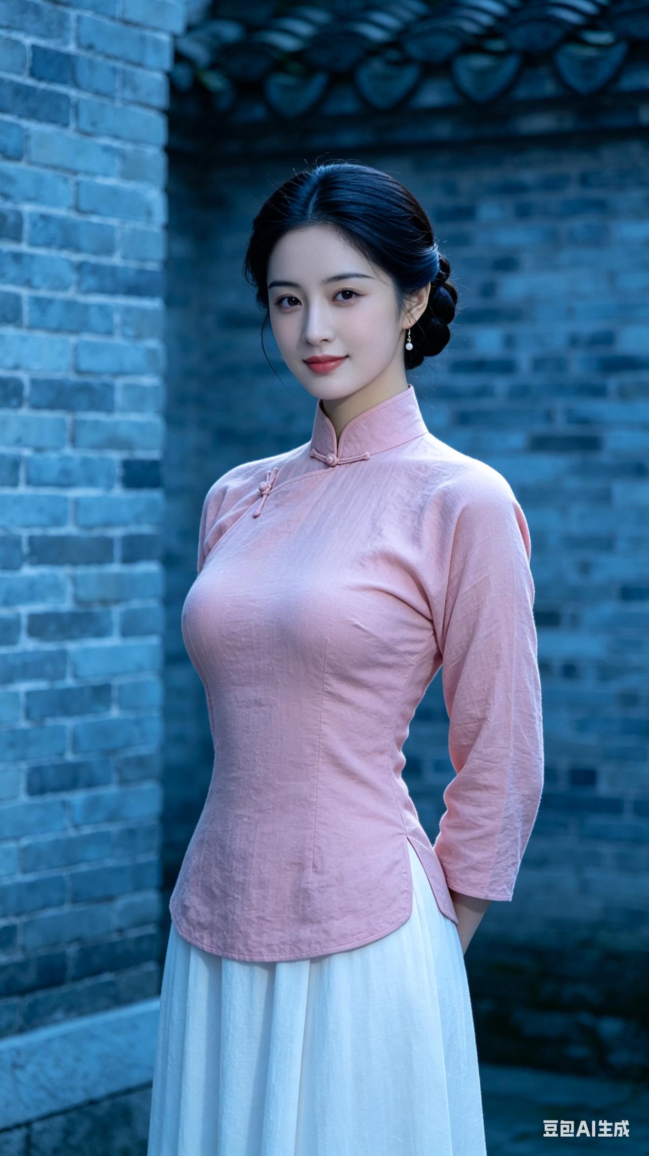 微盘长发少女腰细胯宽身段匀称，粉斜襟衫配素白长裙，青砖院墙衬身，黄金分割构图，高