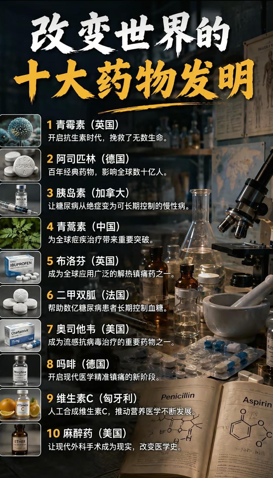 改变世界的十大药物发明。青霉素当之无愧第一，没有它，一个小伤口就危险。青霉素夯爆