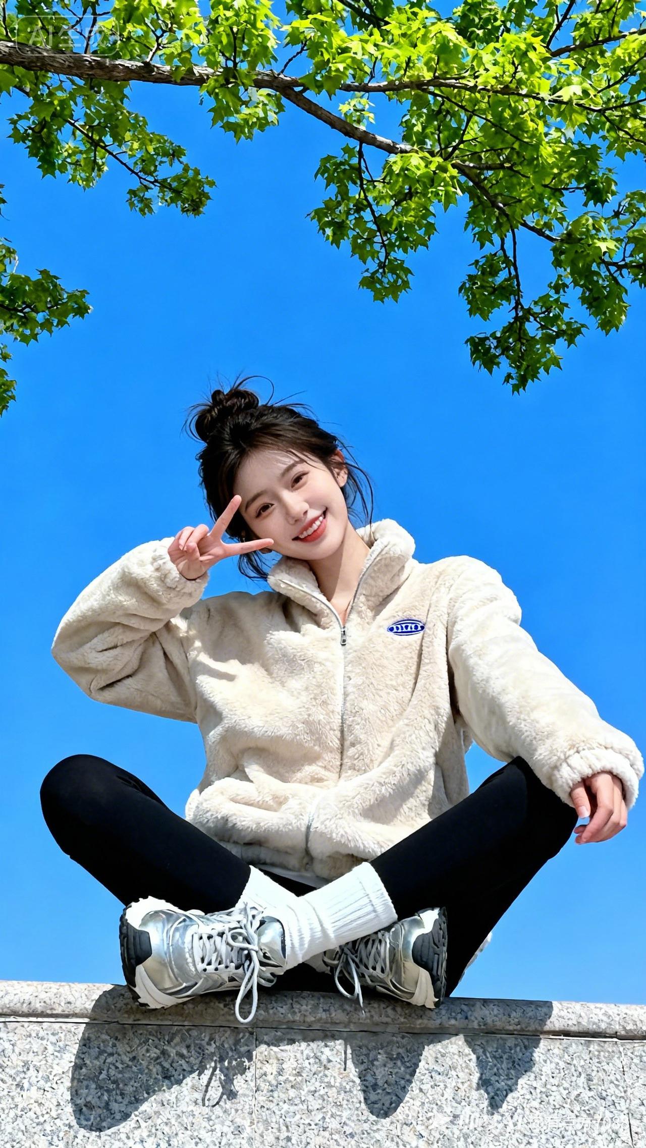 高墙上俏皮可爱的小美女