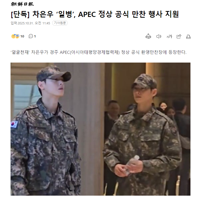 独家：车银优将支援APEC首脑正式晚宴韩国国防部31日表示：“正在国防部军乐队服