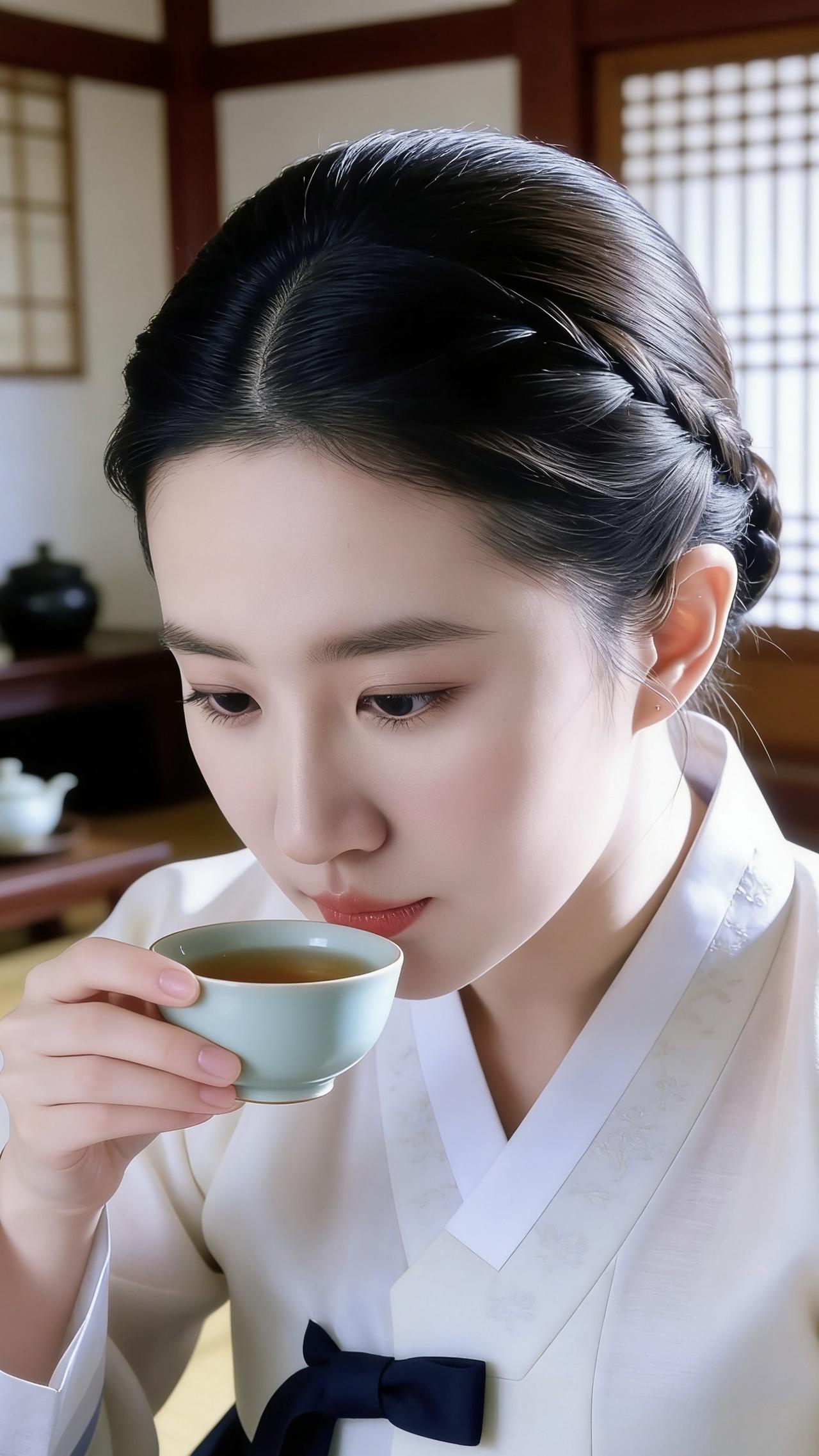 我捧着青瓷茶盏凑到唇边，温热的水汽漫过鼻尖，带着一点炒青的焦香。身上的朝鲜服是母