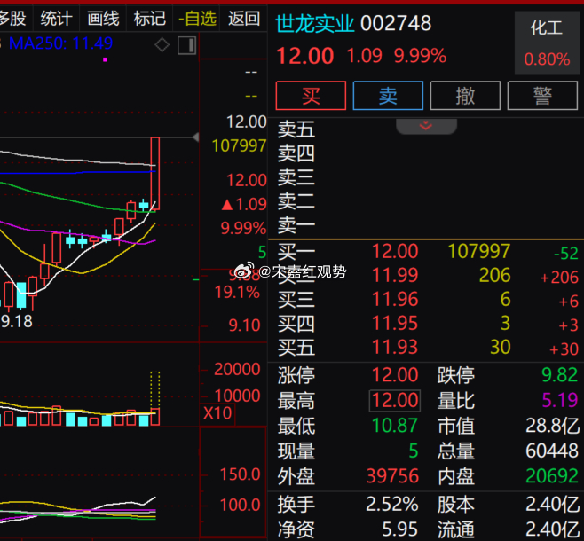 化工方向个股爆发，$世龙实业 sz002748$ 涨停！日内深 V 反转，量能同