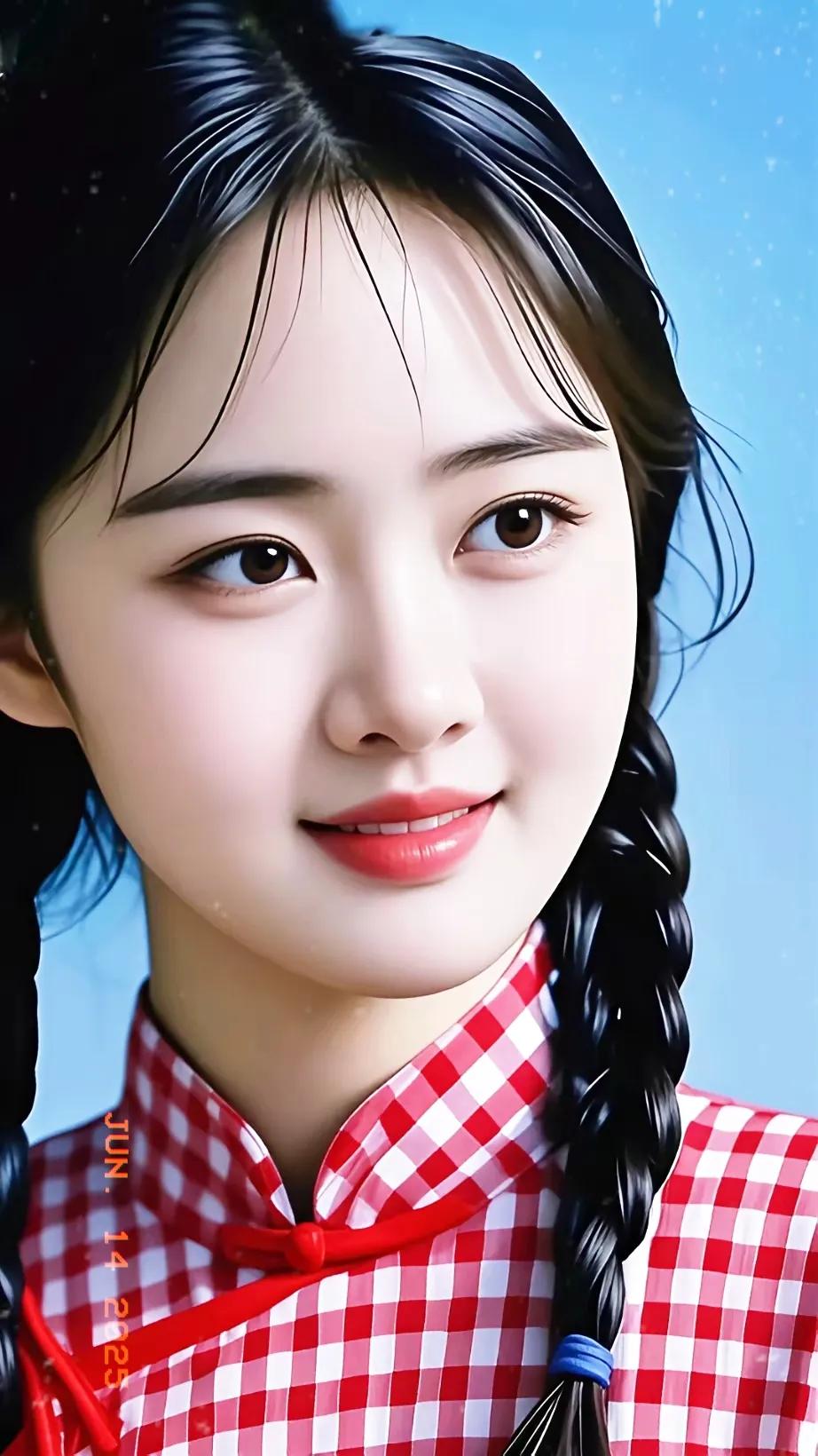 元气少女，红白格子衫，微笑如阳光！🌞✨