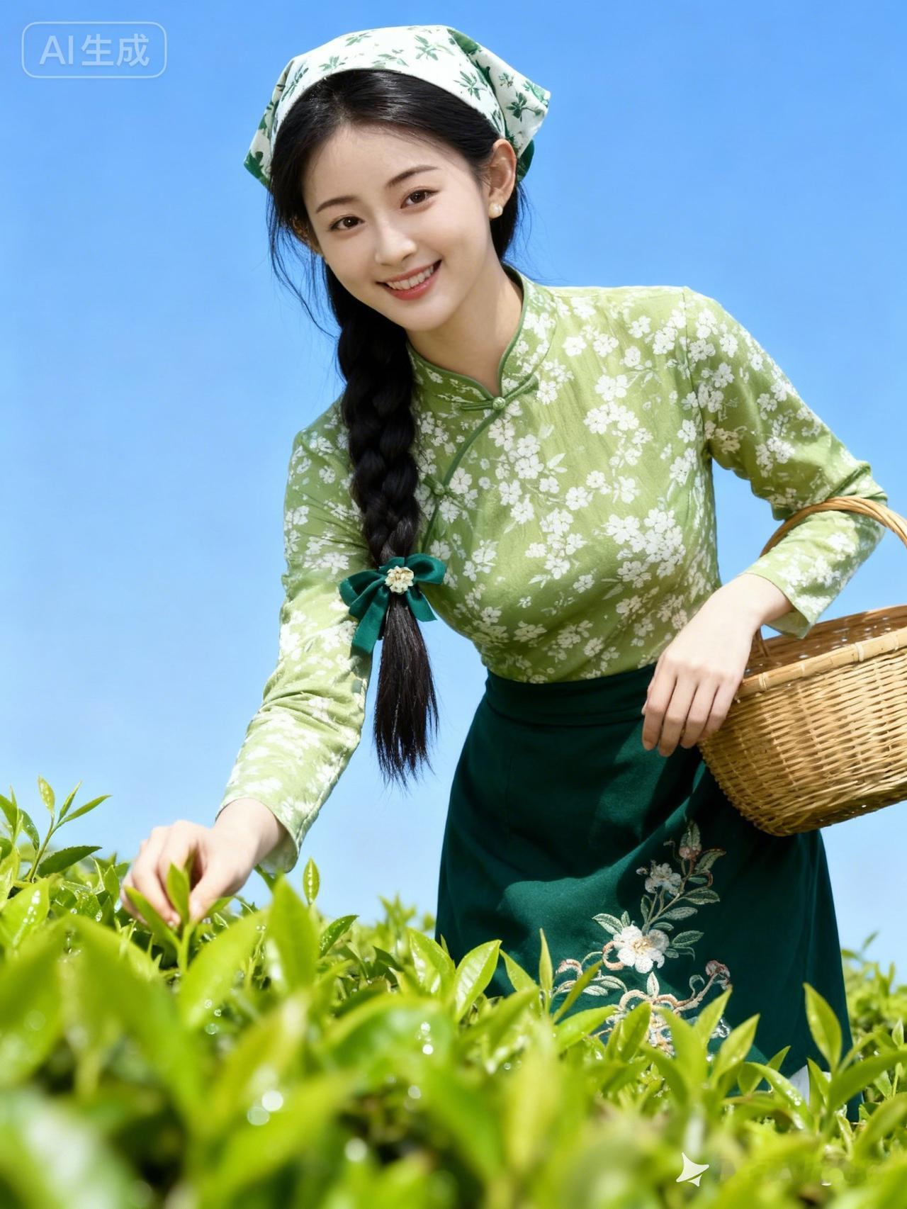 清新茶园少女，采摘春日新茶，感受自然之美。