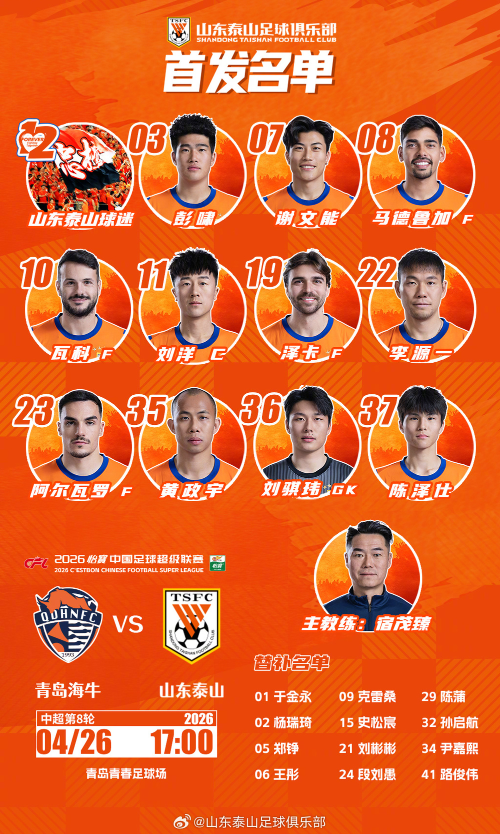 中超齐鲁德比：刘骐玮、陈泽仕继续首发，克雷桑替补