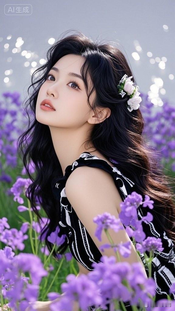 梦幻花海中的甜美少女，黑蝴蝶结发饰，黑白斑马纹连衣裙，紫色花朵点缀，唯美浪漫。