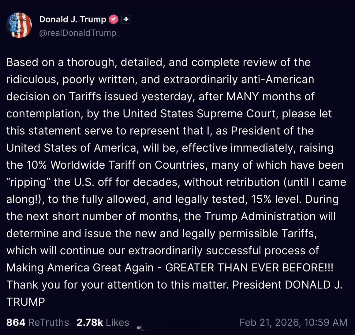 川普：“针对美国最高法院在“闭门思索”数月后于昨日发布的裁决，我已进行了全面、深