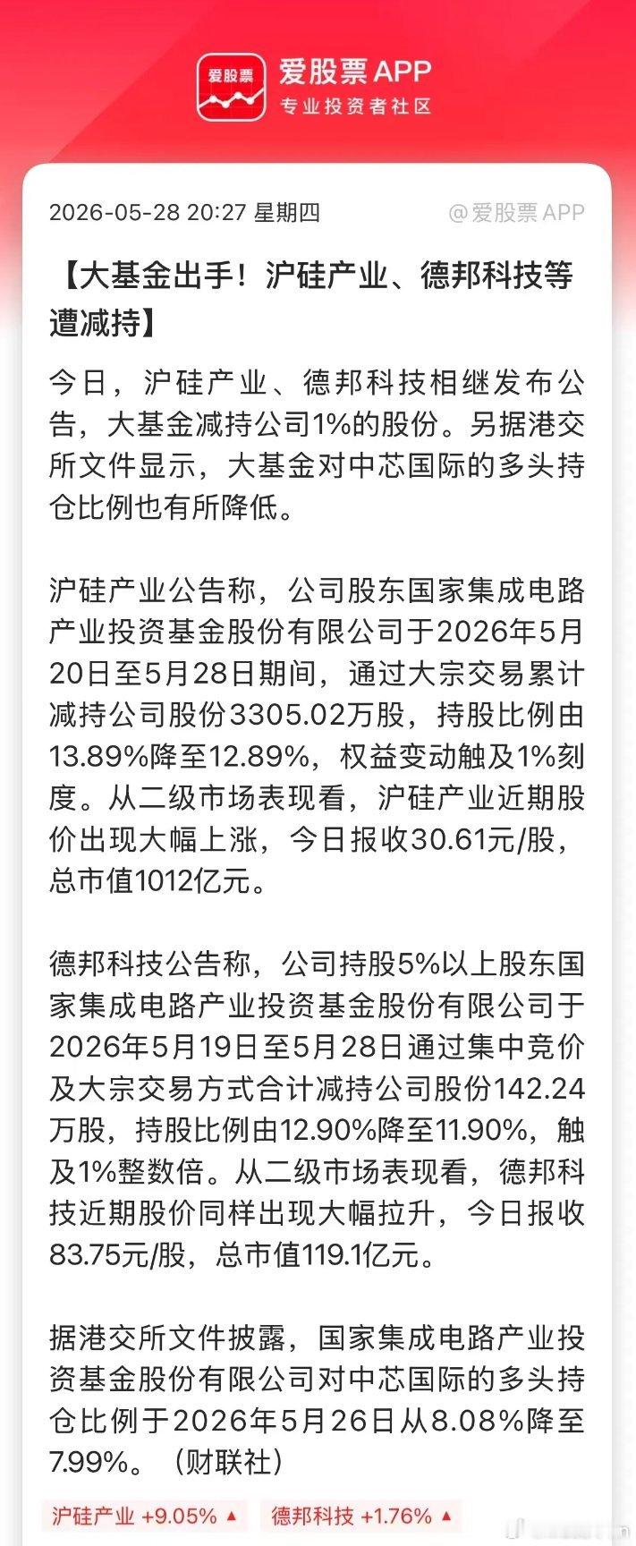 今晚多家半导体公告，国家大基金减持了公司的股份！1、沪硅产业：股东大基金持股比例