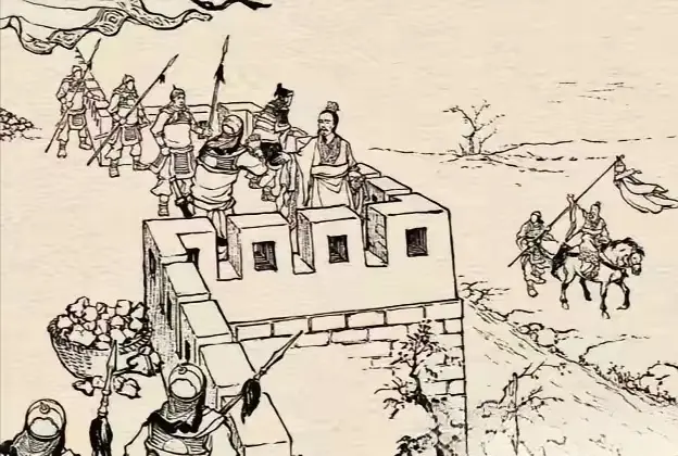 城下举着什么？此图展现的是城上城下互动的场景，城上之人睁大眼睛对下面指...