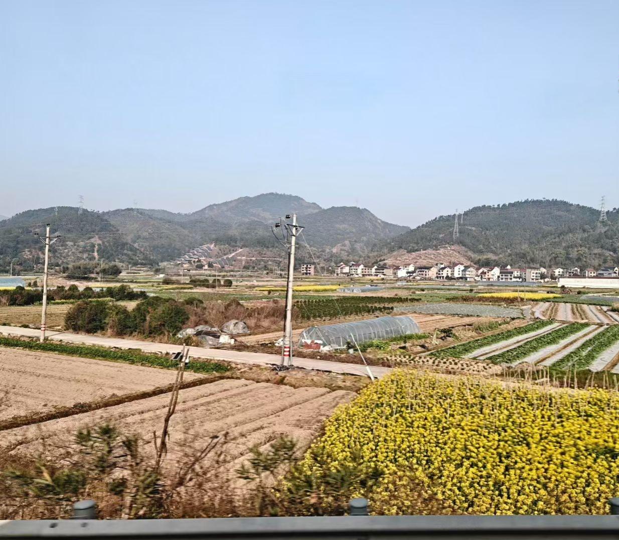 晒一晒随拍车行窗外，春色入眼。远山含黛，良田阡陌，油菜花在风里翻涌，把春天铺成一