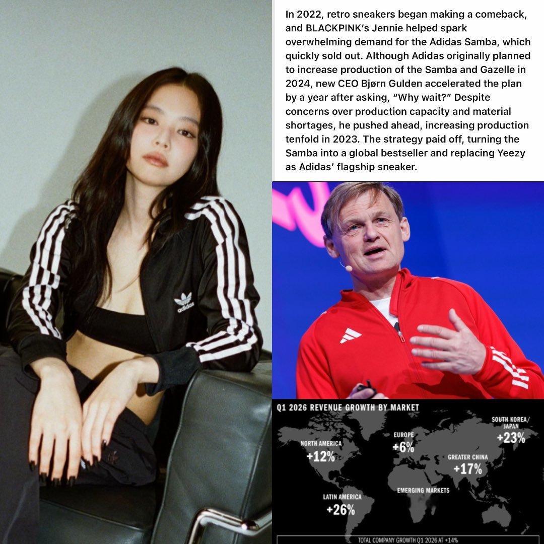 一篇新文章报道：由于JENNIE的 Samba销量迅速增长以及阿迪达斯首席执行官
