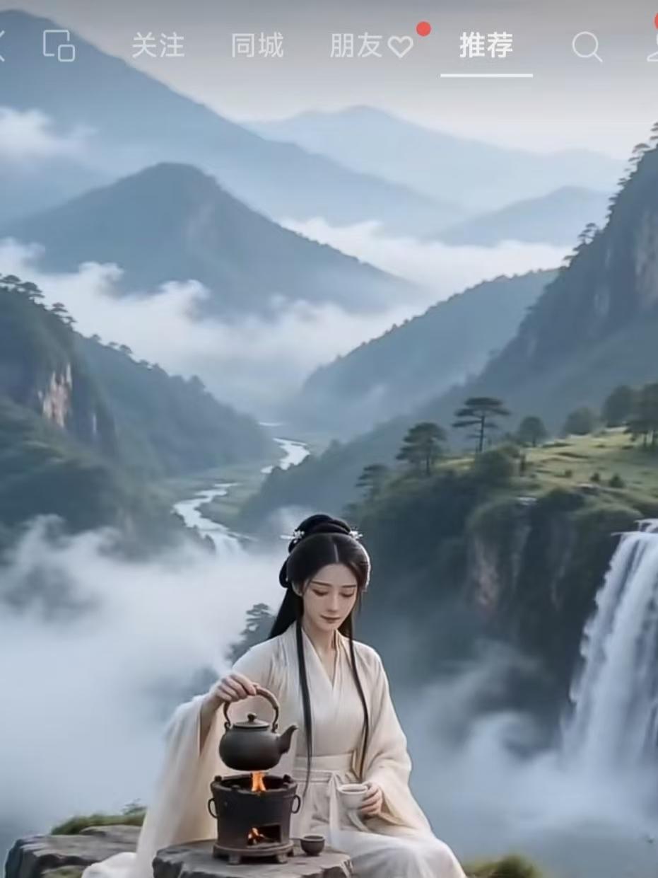 山涧煮茶
云绕青山翠霭流，
飞泉漱石响悠悠。
素衣轻执陶壶暖，
一盏清茗忘世愁。