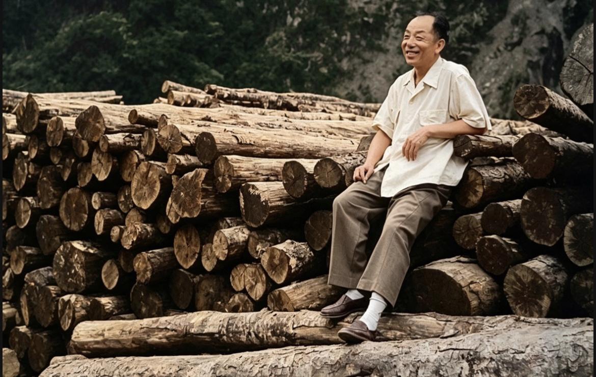 1957年，被幽禁的张学良在中国台湾的井上温泉附近的林场原木堆上罕见开怀大笑。