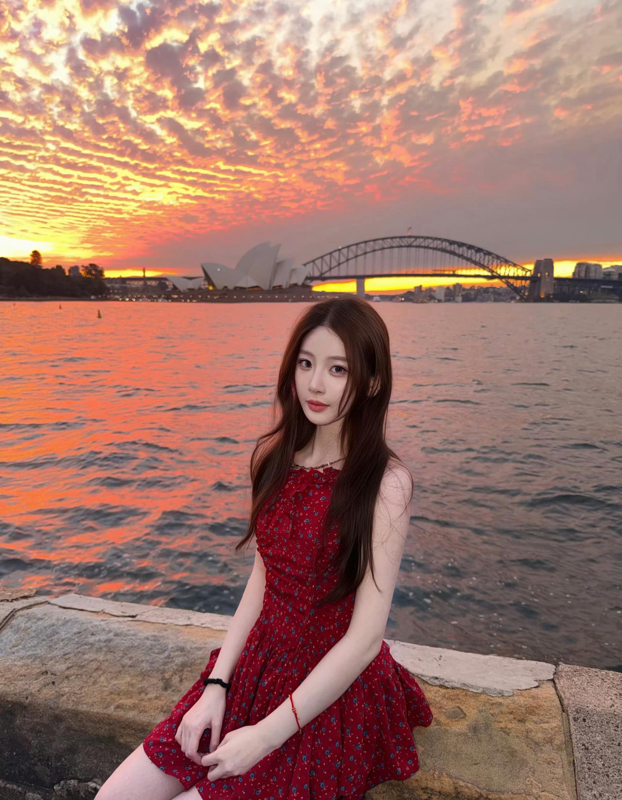 悉尼的落日把整片海面染成橘子汽水色🌇
红裙与漫天晚霞相映，
晚风、海港大桥与歌