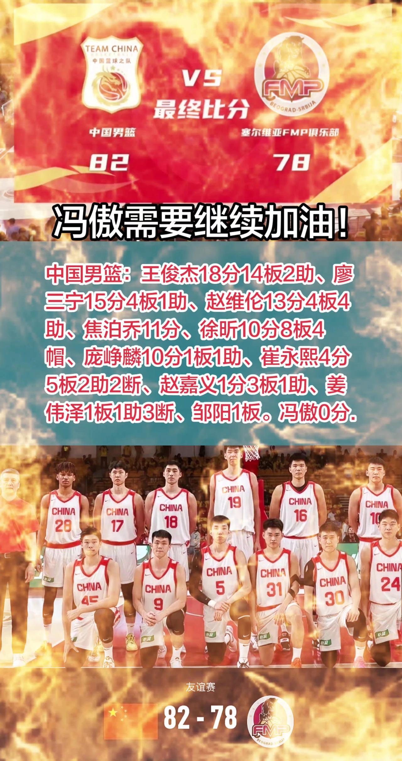 中国男篮热身赛82:78战胜kk队。中国男篮球员数据：王俊杰18分14板2助、廖