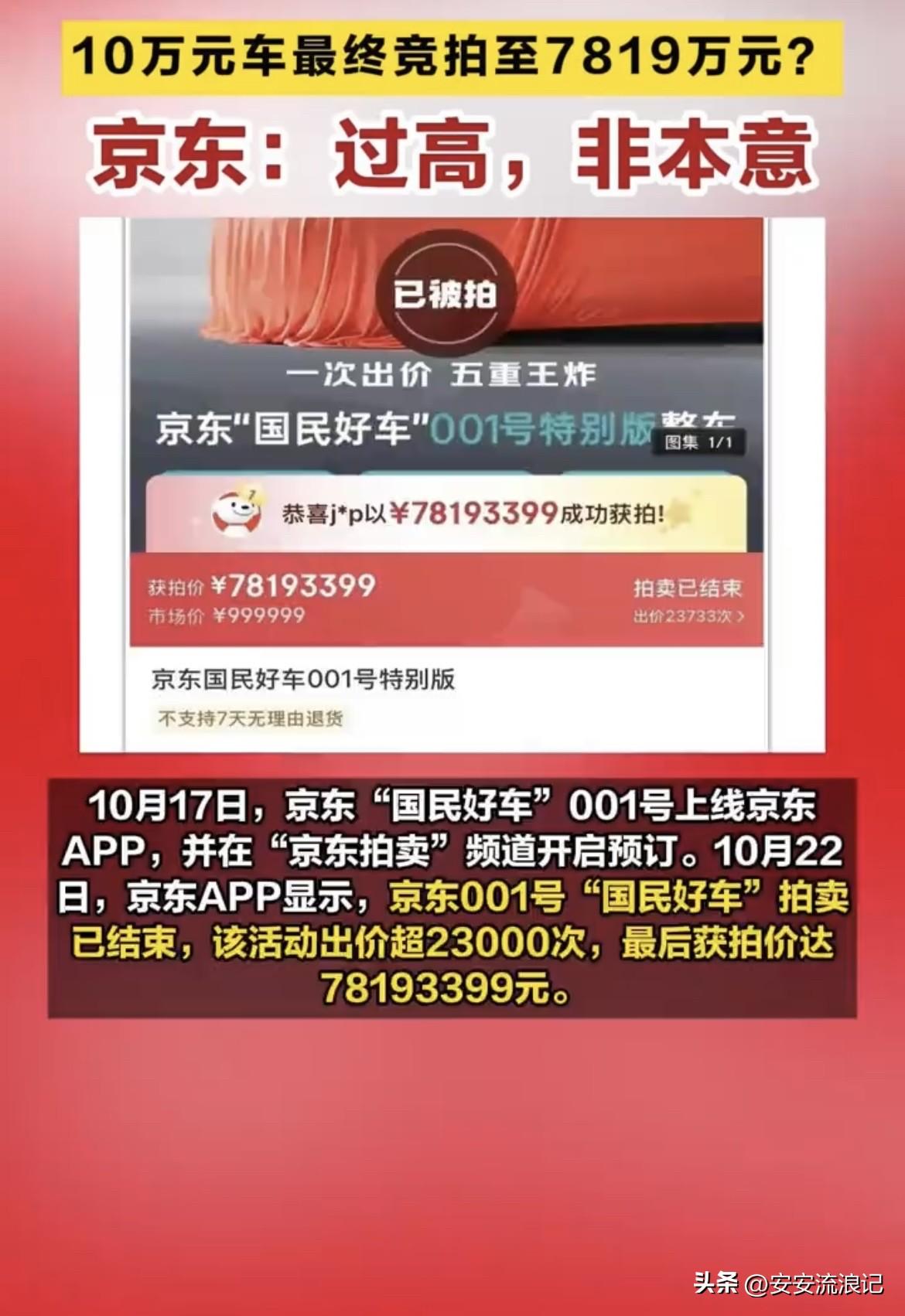 京东001车这事儿太魔幻了！10月17号它在京东APP开启预订，10月22号拍卖