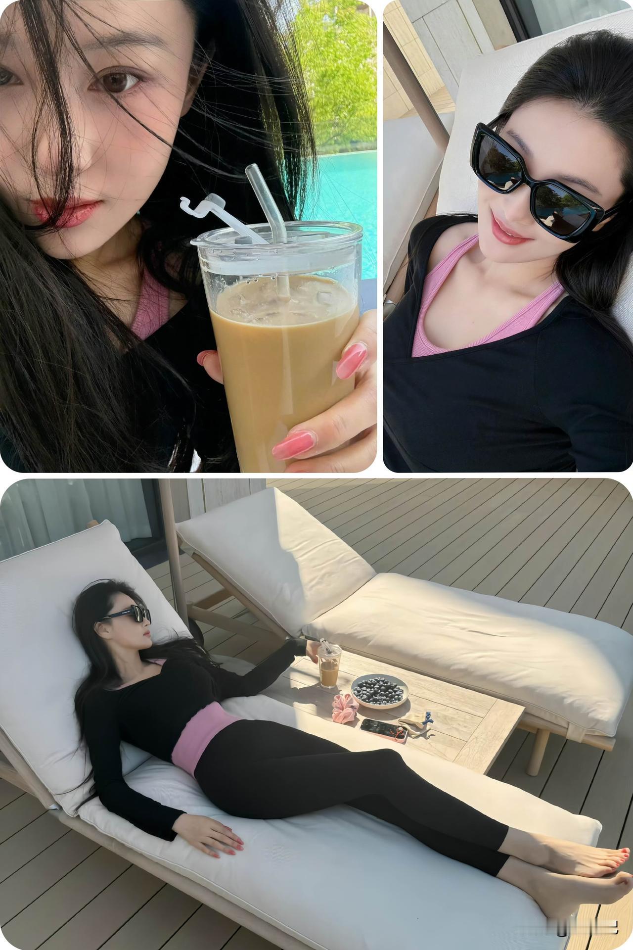 泳池边卸下所有鞋子，这一刻的张馨予好自在