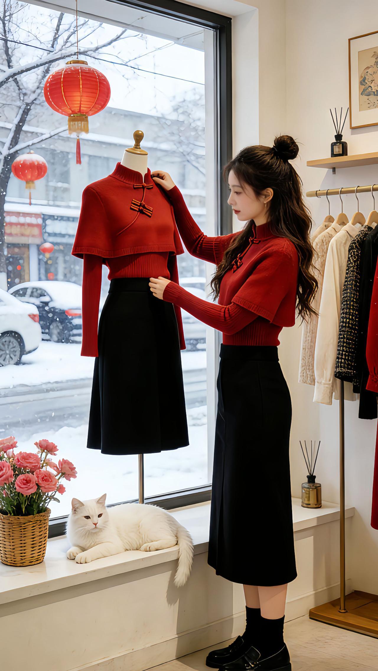 《红衫织就新年味》
Danny在飘雪的服装店里整理这款新中式盘扣红斗篷毛衣时，窗