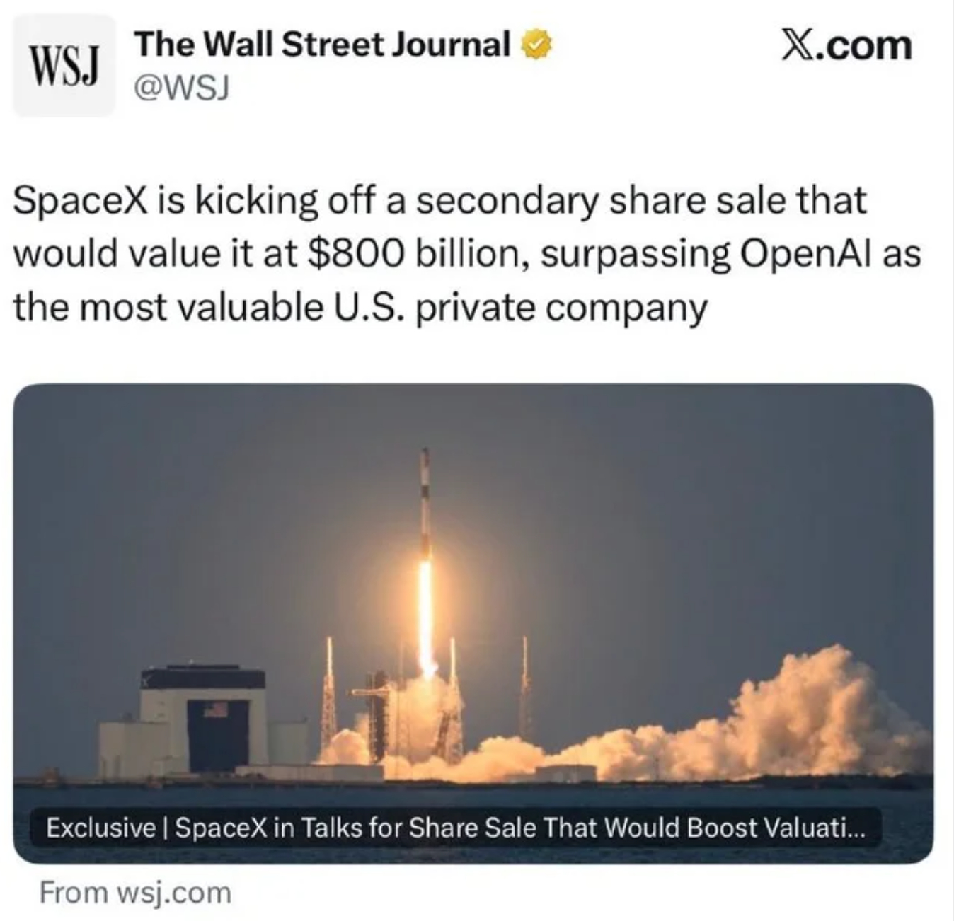 SpaceX 正在启动新一轮股票出售，预计其估值达到 8000 亿美元，从而超越