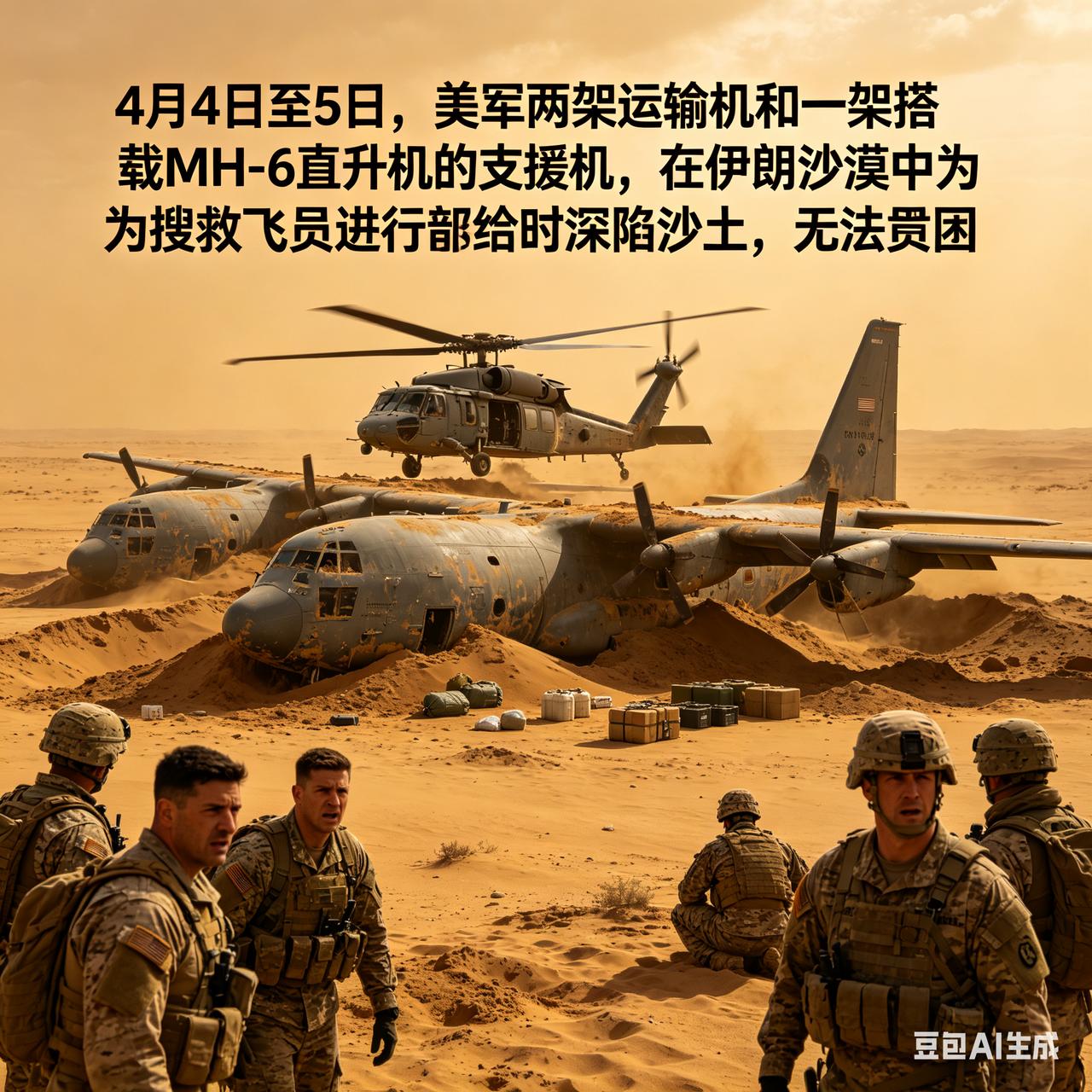 4月4日至5日，美军两架运输机和一架搭载MH-6直升机的支援机，在伊朗沙漠中为搜