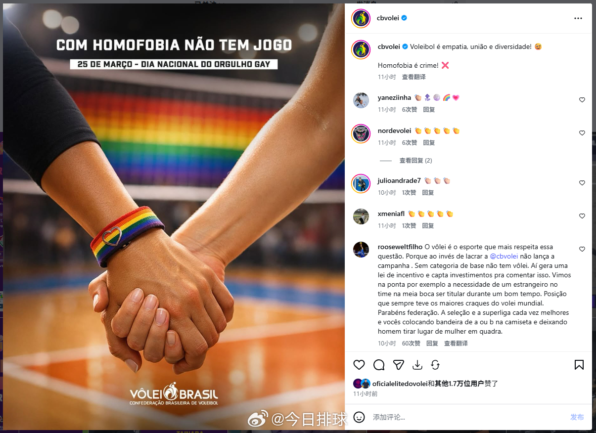 巴西排协：“排球运动代表着共情、团结和多元！😉 恐同是犯罪！❌” 此举是为了纪