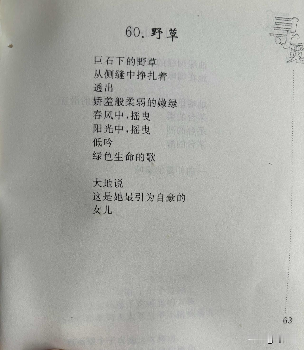60. 野草
巨石下的野草
从侧缝中挣扎着
透出
娇羞般柔弱的嫩绿
春风中，摇曳