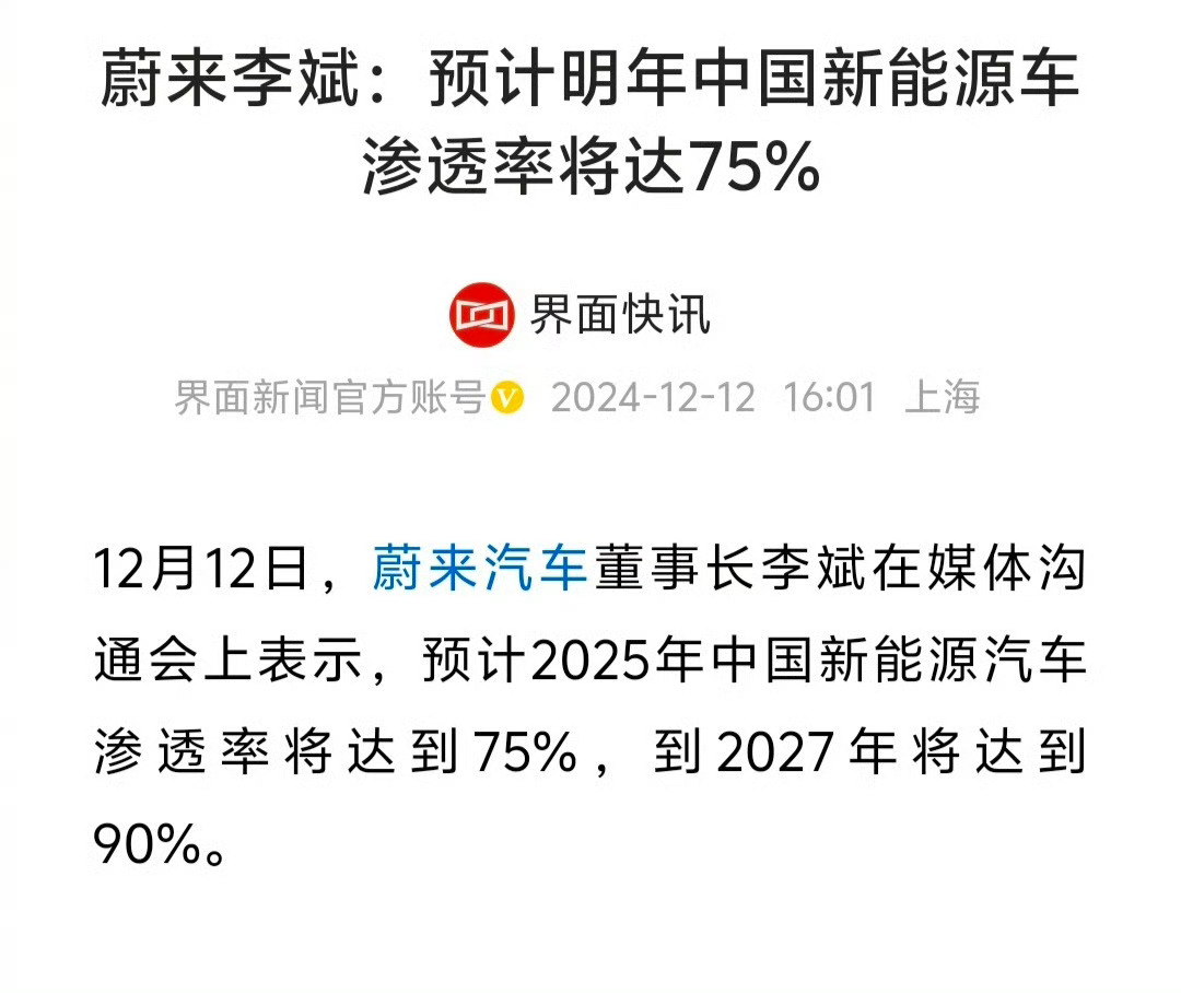 李斌：预计明年中国新能源车渗透率将达到75%，2027年将达到90%。如果预言成