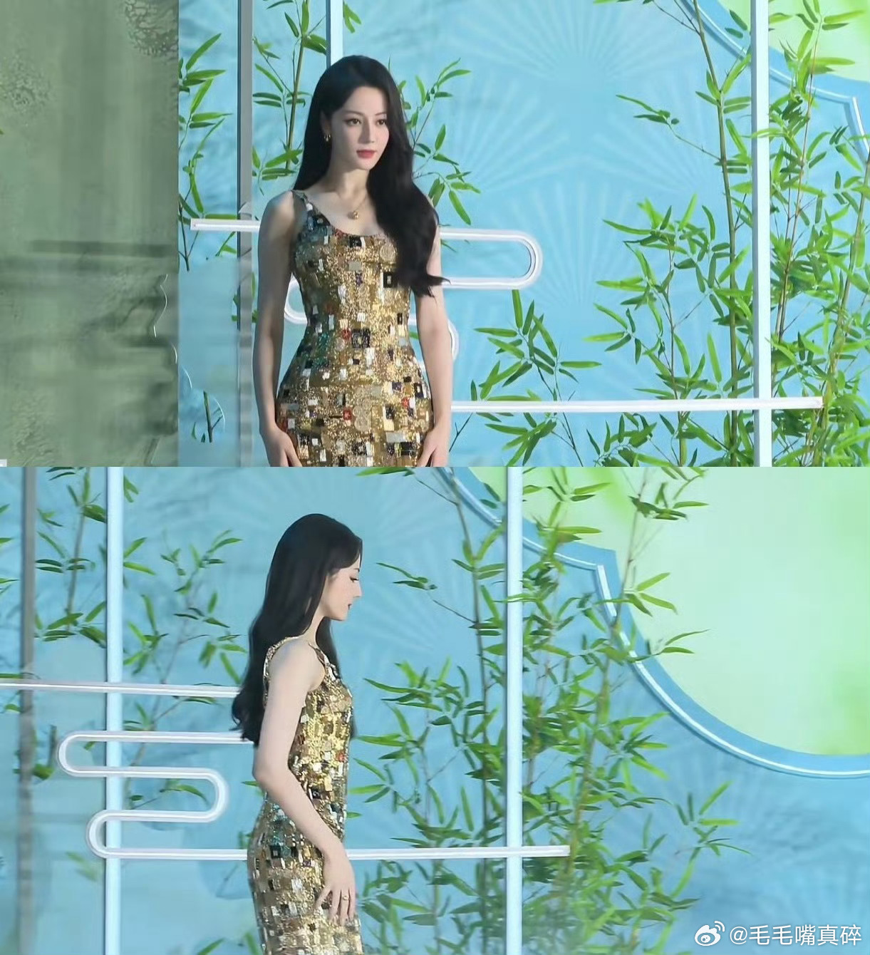 这个女人美的如此惊心动魄迪丽热巴金色吊带闪片长裙 ​​​