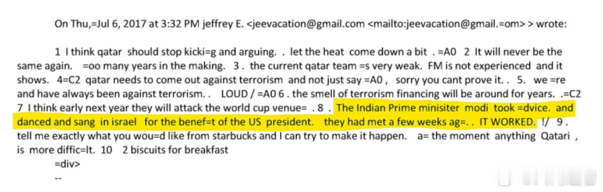 爱泼斯坦2017年7月的一封邮件显示，杰弗里·爱泼斯坦称印度总理纳伦德拉·莫迪在