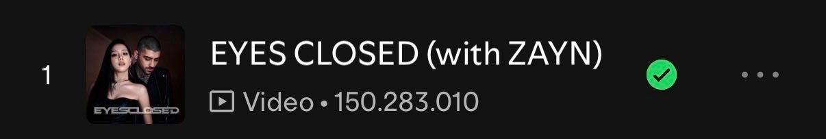 JISOO和ZAYN 的《EyesClosed》已正式在 Spotify 上超过