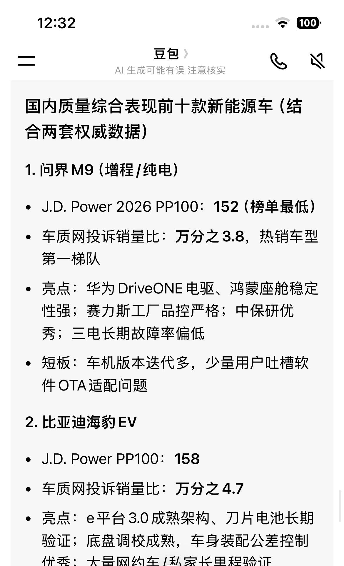 豆包列出当前国内质量综合表现前十款新能源车（结合两套权威数据）
1. 问界M9（