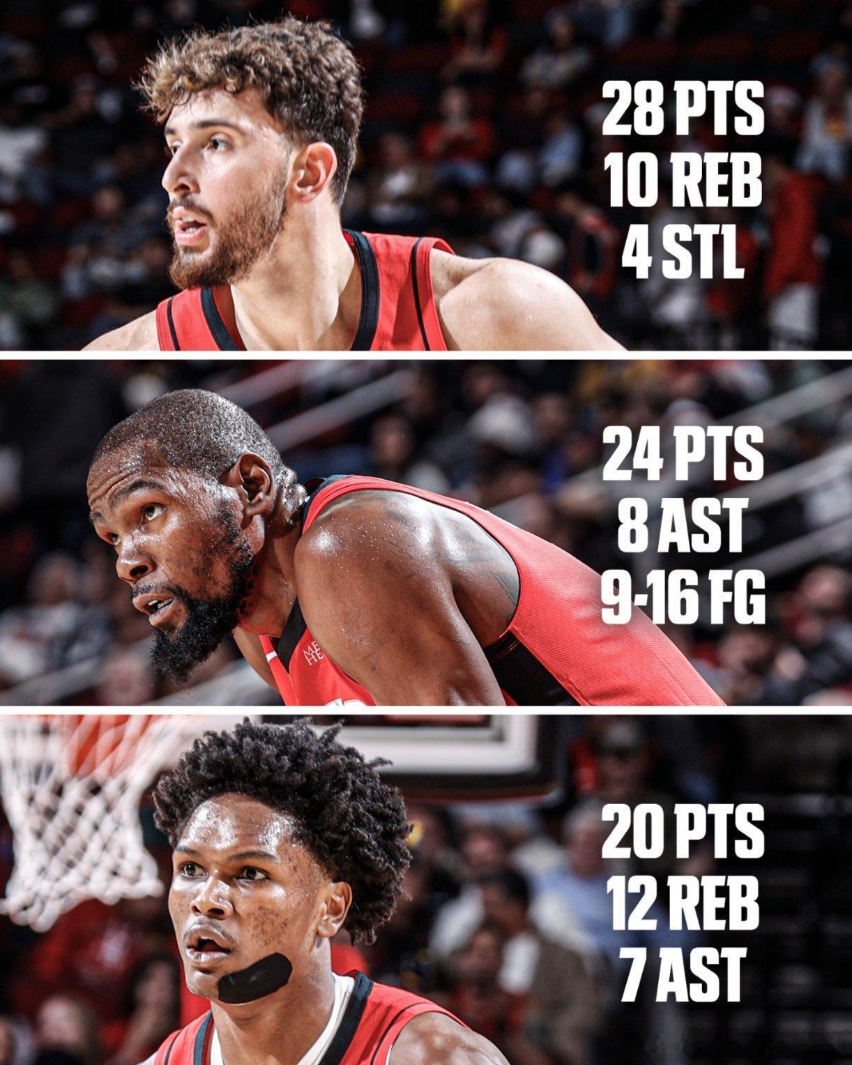 今日三巨头数据：申京28+10+3杜兰特24+3+8阿门20+12+7国王vs火