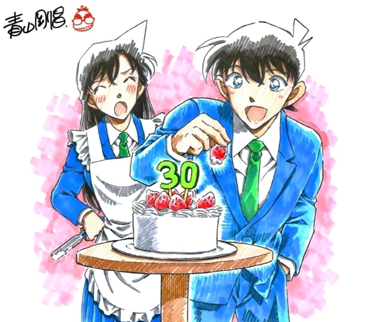 #名侦探柯南# 青山刚昌新绘柯南30周年主题咖啡店贺图！新兰发糖啦[给你小心心]