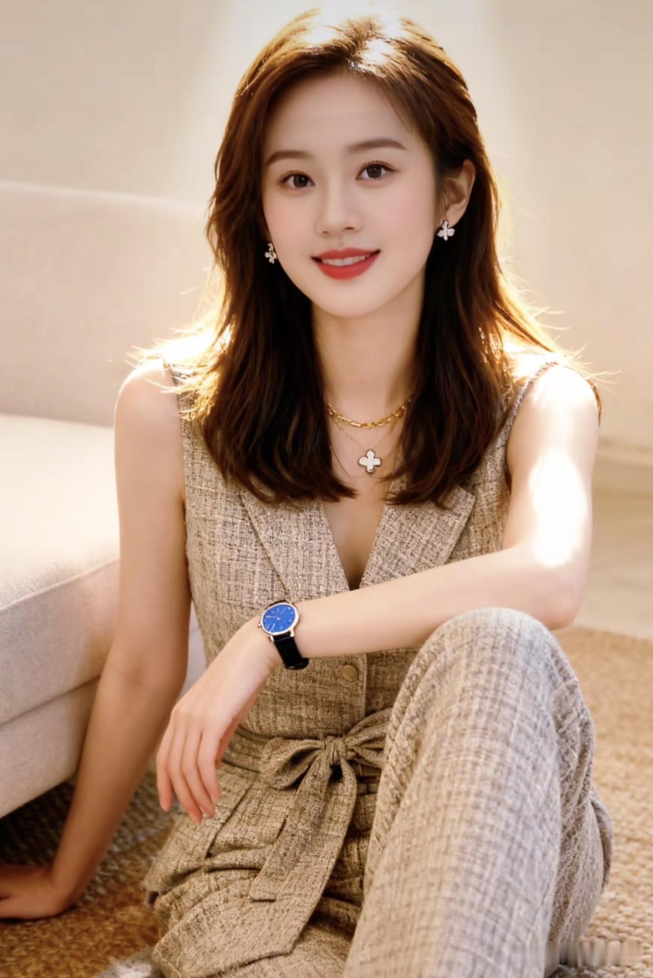 温柔甜美的女孩，穿着时尚的套装，微笑着坐在沙发上。温柔治愈款美女 温柔甜美少女 