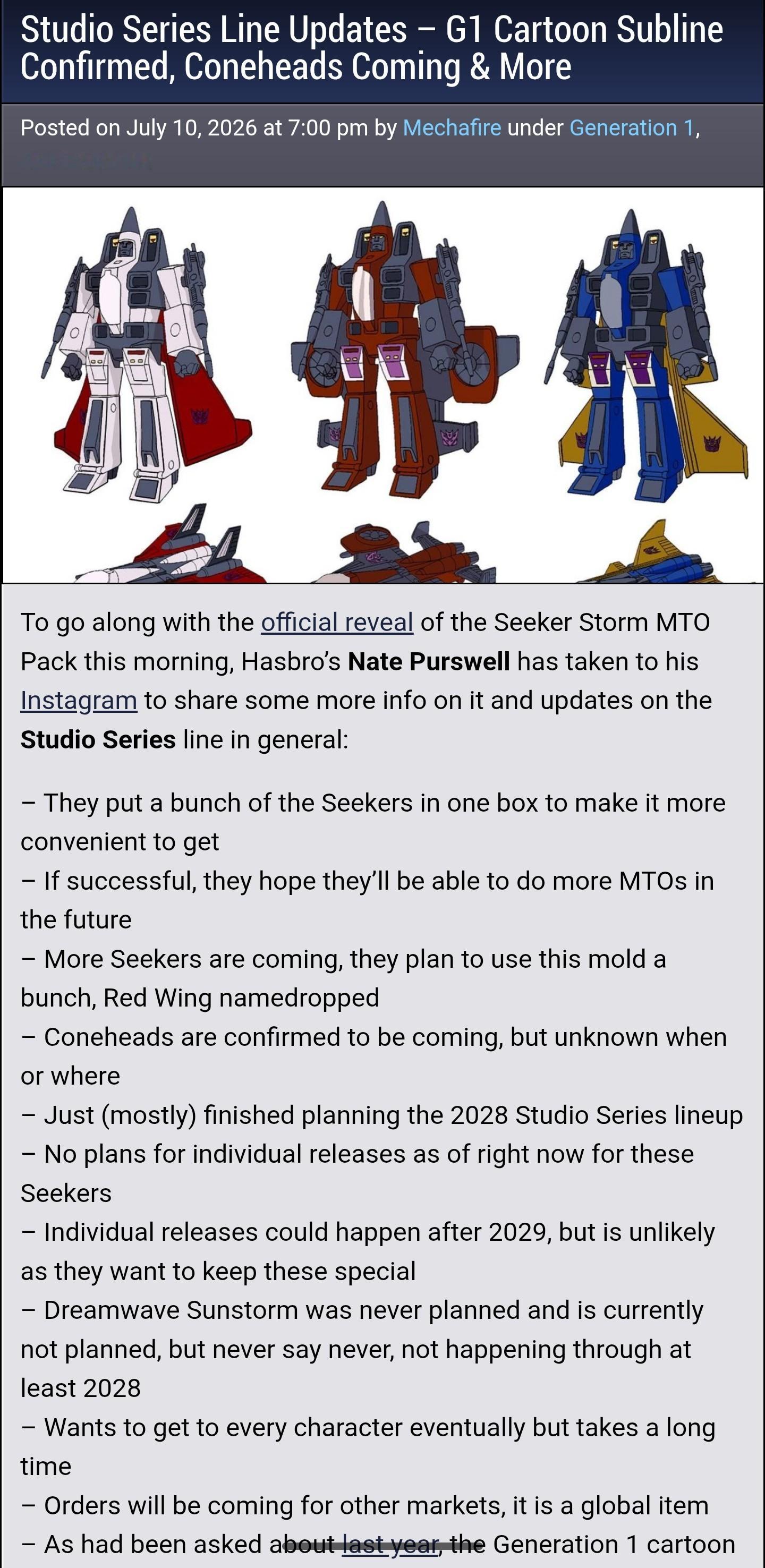 孩之宝的Nate Purswel在ins透露，Studio Series系列将会