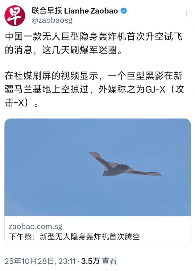 [微风]新加坡联合早报昨晚（10月28日）写道：“中国一款无人巨型隐身轰炸机首次