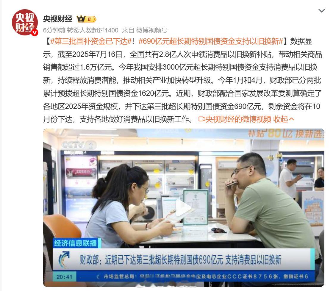 第三批国补资金已下达 覆盖领域与补贴规则​1.重点支持品类​家电​：冰箱、洗衣机