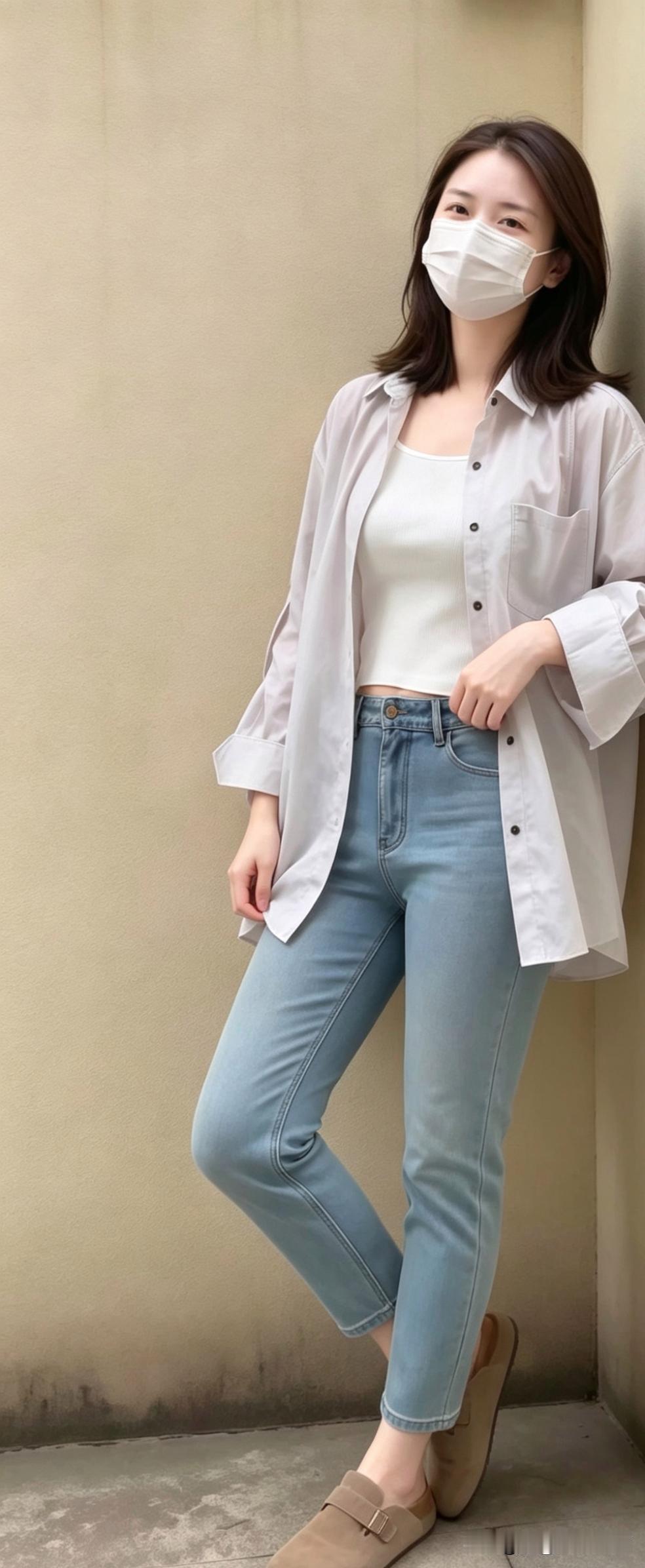 简约风穿搭，白色背心+浅蓝色牛仔裤，轻松自在！👗👖👟